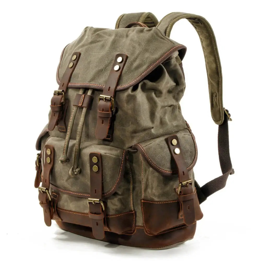Men’s Leather Waxed Canvas Backpack Mochila Hombre High Capacity Vintage Rucksack For School Hiking Travel